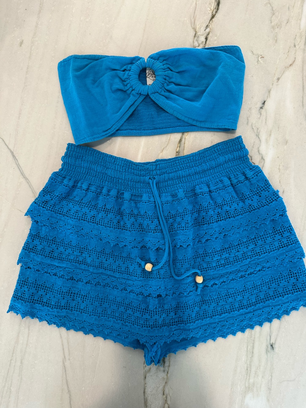 Bright Turquoise Blue Crochet Knit Short Set